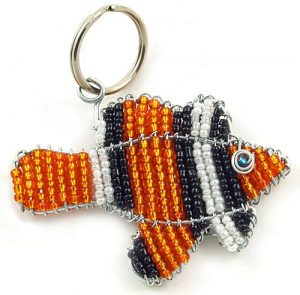 beaded clown fish key chain; clown fish keychain, clownfish keyring